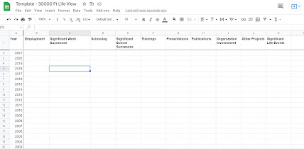 A screenshot of the spreadsheet "30000 Foot Life View Template"