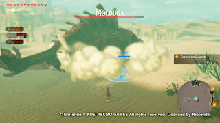 Link and Mipha fighting a Molduga