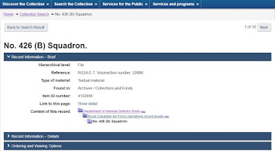 Screen capture of Library and Archives Canada page concerning No. 426 (B) Squadron for Oct 42-Feb 45.