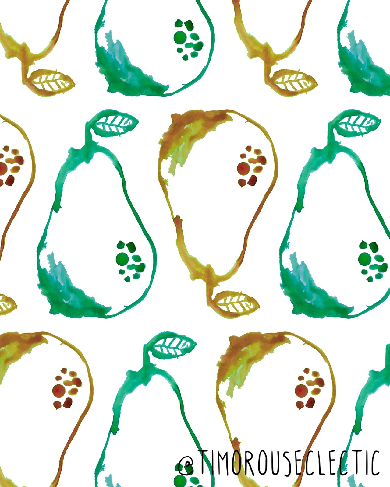 hand painted ink pears in a repeating pattern