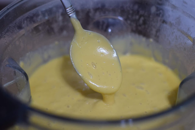 The finished vegan cheese sauce in the blender.