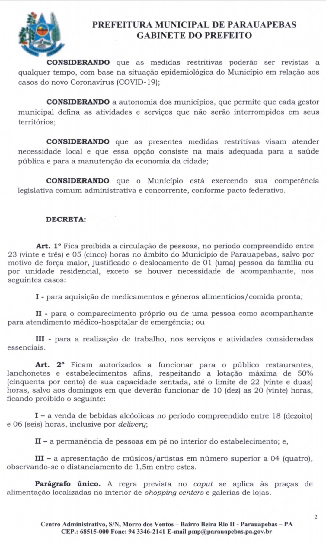 Prefeitura de Parauapebas publica novo decreto com medidas de prevenção a Covid-19 Prefeitura de Parauapebas publica novo decreto com medidas de prevenção a Covid-19