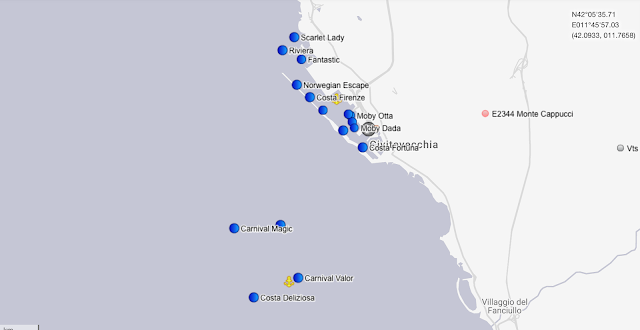 Map showing cruise ships anchored and docked off the coast of Italy during the COVID-19 lockdown