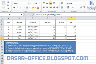 Cara menghitung usia di excel dengan fungsi Datedif