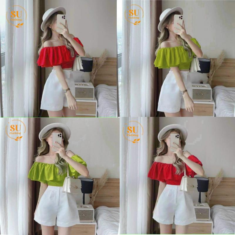 SET ÁO TRỄ VAI BÈO TẦNG MIX QUẦN SHORT TRẮNG