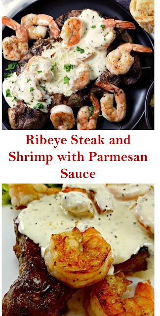 Ribeye Steak and Shrimp with Parmesan Sauce 