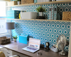 Home office statement wall of wallpaper in turquoise :: OrganizingMadeFun.com