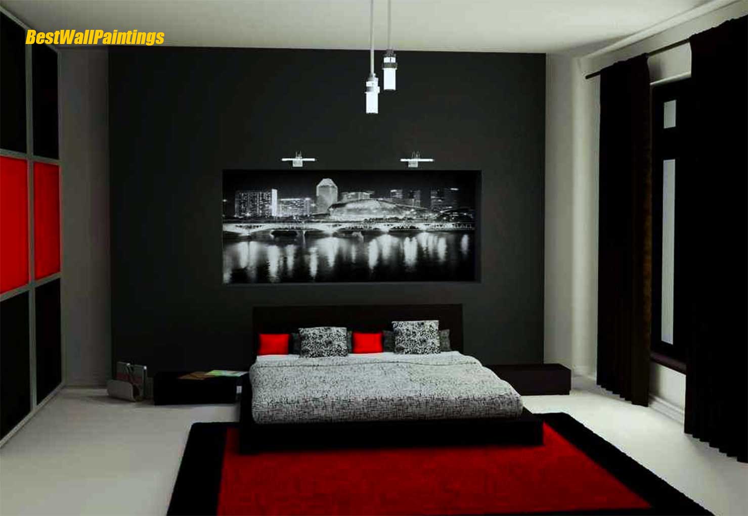 red and grey color scheme for bedroom