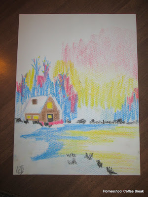 Winter Cabin on the Virtual Refrigerator art link-up hosted by Homeschool Coffee Break @ kympossibleblog.blogspot.com #art  #VirtualFridge