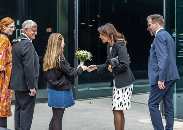 Princess Marie wore Hugo Boss Dikita Patterned dress, Giorgio Armani blazer, and carried Armani clutch