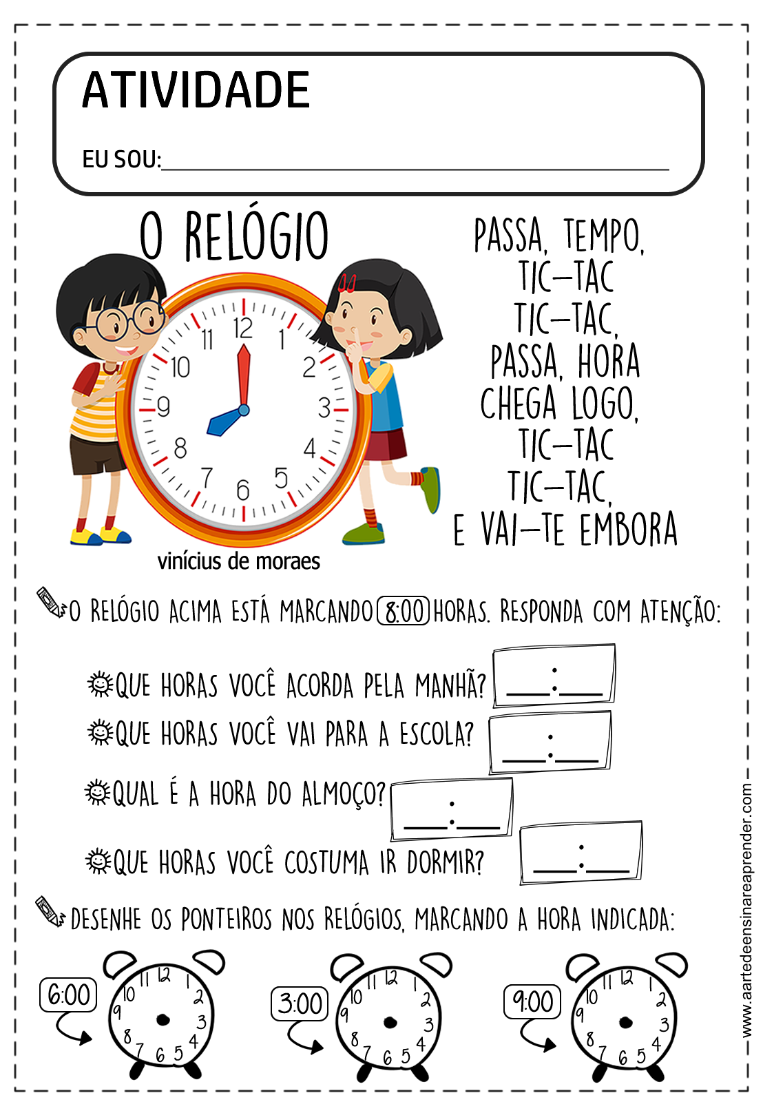 Relógio Letra A Atividade para Educação Infantil