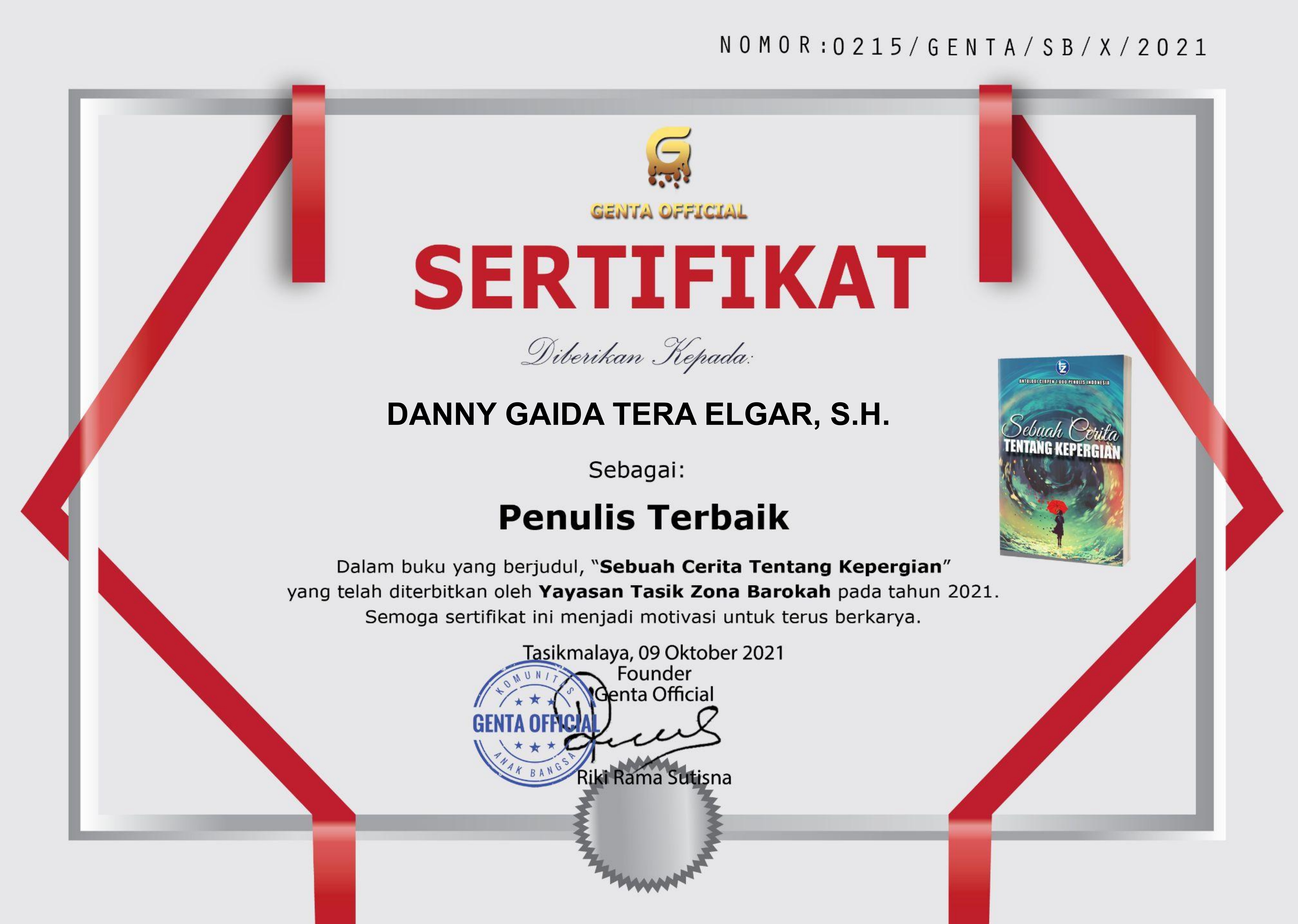 Sertifikat Penghargaan PENULIS TERBAIK Dalam Buku Yang Berjudul “SEBUAH CERITA TENTANG KEPERGIAN” | GENTA OFFICIAL - KOMUNITAS ANAK BANGSA