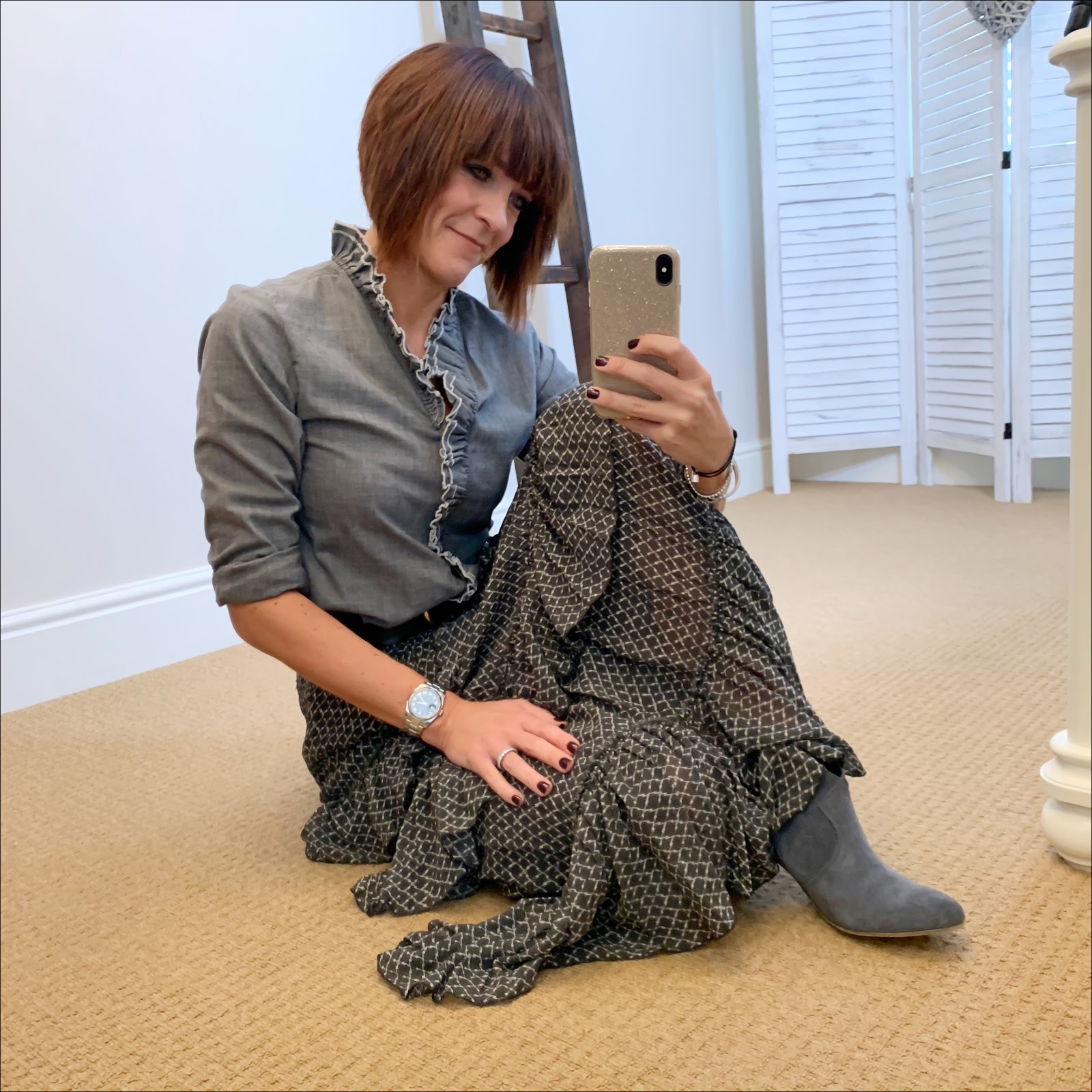 my midlife fashion, messages in metal initial pendant, isabel marant ruffle chambray shirt, isabel marant etoile ruffle maxi skirt, hush thornton ankle boots, and other stories waist buckle belt