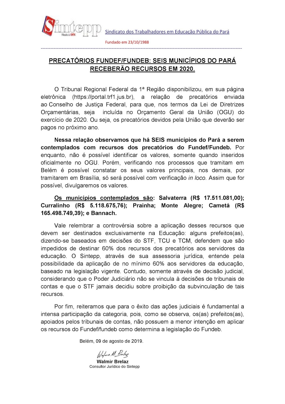 SINTEPP MARABÁ: PRECATÓRIOS FUNDEF NO PARÁ