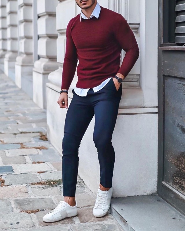 Maroon sweater and trousers, men's outfit. Maroon sweater with blue trousers, men.