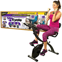Slim Cycle Stationary Exercise Bike with Arm Resistance Bands, features reviewed, adjustable between upright or recumbent bike with upper body workout, with 8 magnetic resistance levels, LCD monitor, FREE App with 10 free classes