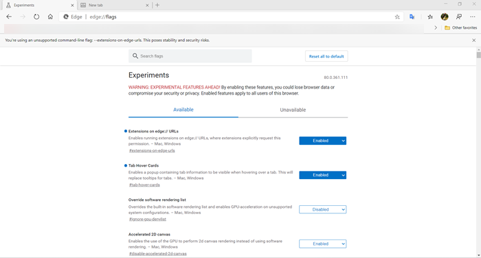 Microsoft Edge acerca de: página de configuración de banderas