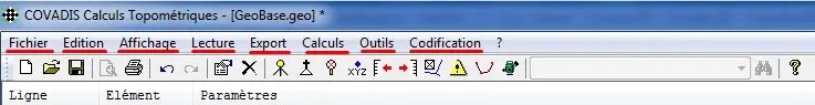 éditeur de GéoBases, menu, Cov. Calculs, barre de menu, Géobase, élémstation, référence, mesure, point, commentaire, code des points, topographiques, calculs topométriques