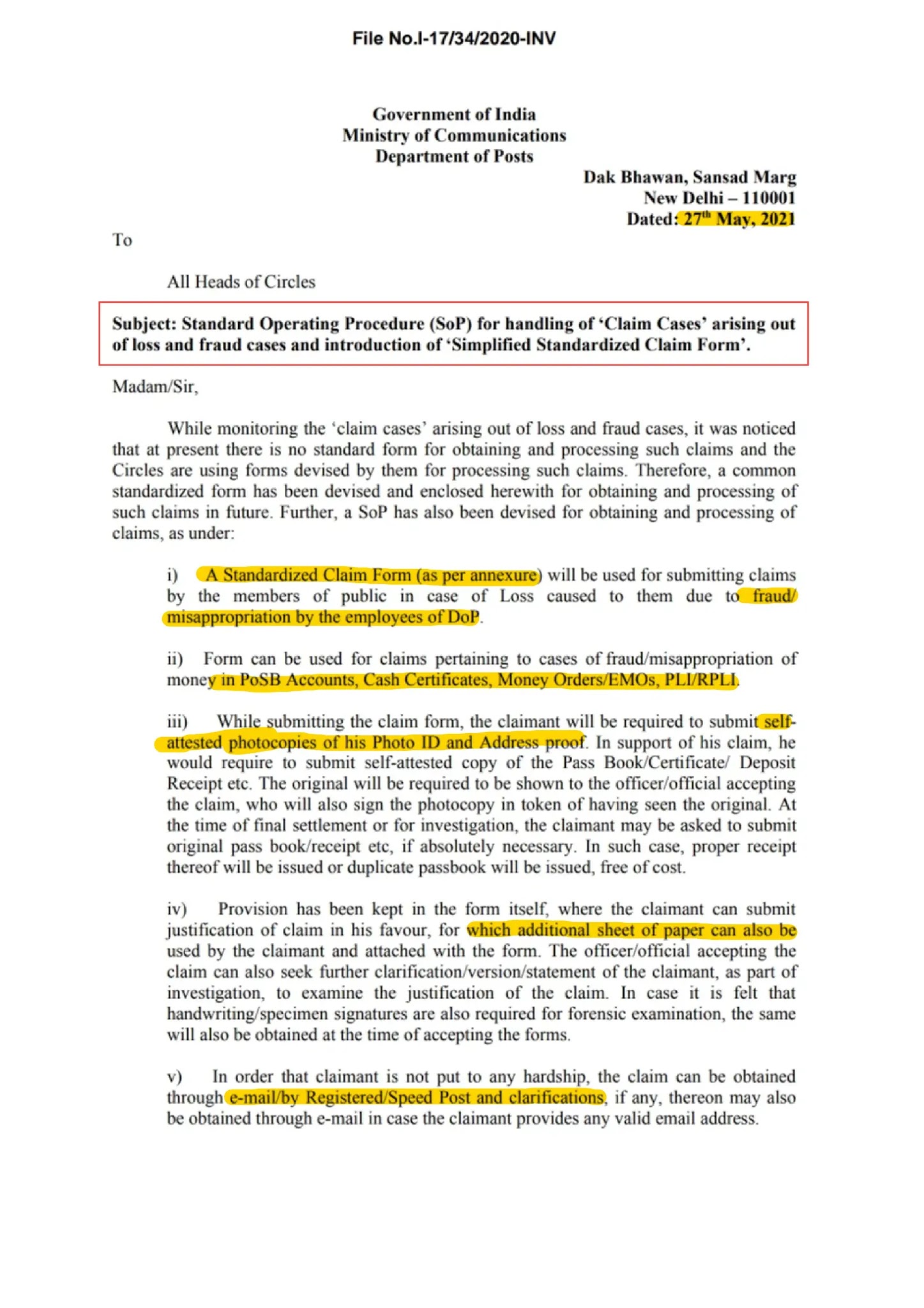 Standard Operating Procedure (SOP) for Handling of Claim Cases arising