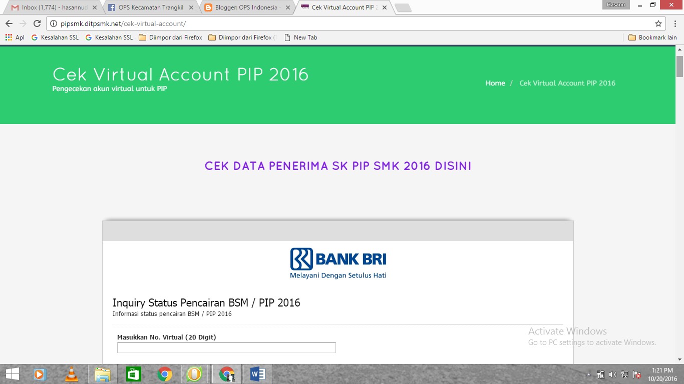 Cara Mudah Cek Virtual Account Penerima BSM/PIP 2016 OPS