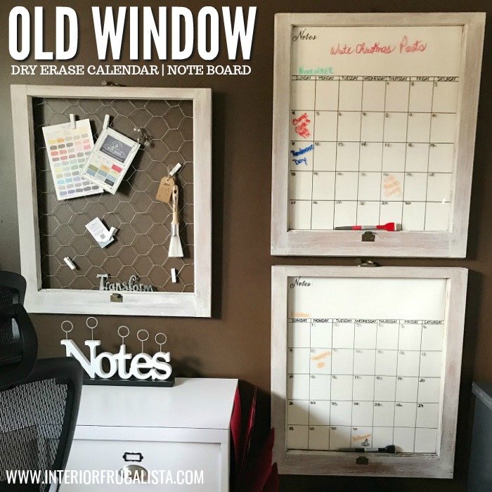 Repurposed Vintage Window Wall Organization with farmhouse charm, perfect for a budget-friendly family command center. Turn them into a month-at-a-glance dry erase wall calendar, chicken wire note board, or dry erase board with step-by-step instructions. #repurposedwindows #chickenwirenoteboard #dryeraseboard #diywallcalendar