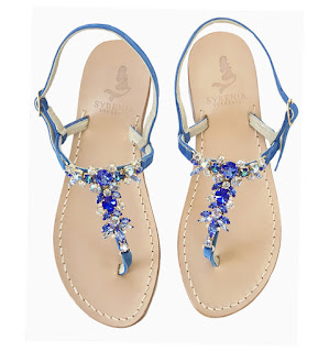 Syrenia Capri Sandals jewel flip flops with platinum gold leather straps, natural leather sole, leather heel.