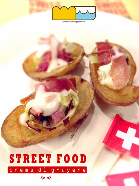 bucce di patata fritte con porri, speck e crema di gruyere