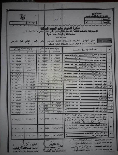 جدول امتحانات الصف الثالث الابتدائي 2018 الترم الثاني محافظة اسوان