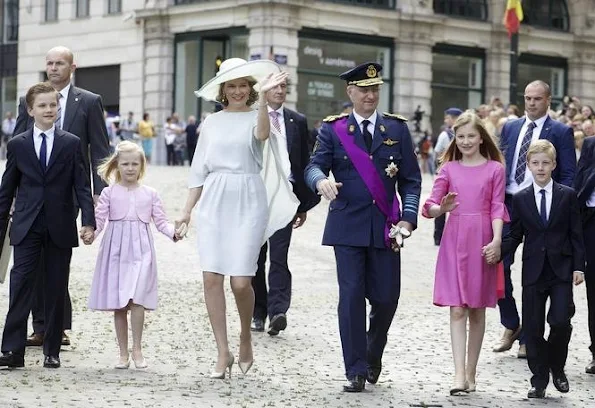 King Philippe of Belgium and Queen Mathilde of Belgium their children Princess Eleonore, Prince Emmanuel, Prince Gabriel and Crown Princess Elisabeth attend a religious service