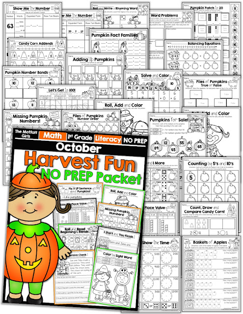 October NO PREP Packet (1st Grade)! Teach addition, subtraction, sight words, phonics, grammar, handwriting and so much more with the October NO PREP Packet for First Grade!