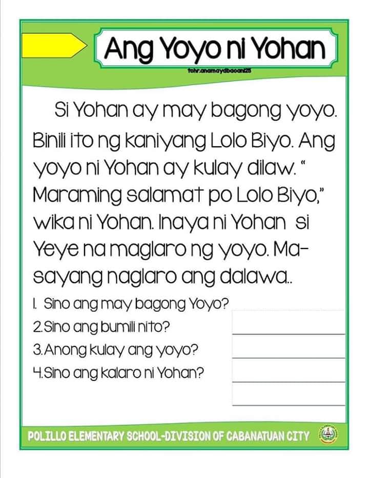 Reading Comprehension Filipino Grade 2 Worksheet Sandra Roger S Gambaran