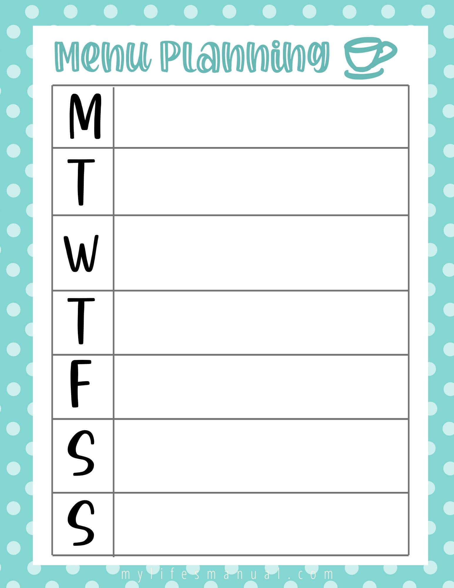 Menu Planning Free Printable Mylifesmanual