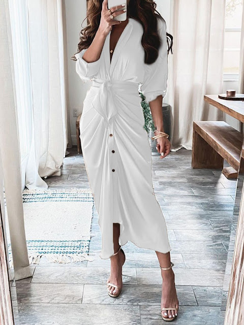 A Fashion Solid Single-Breasted Short Sleeve Maxi Dress.
