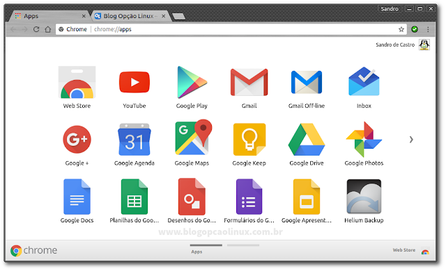 Janela do Google Chrome, mostrando alguns dos aplicativos disponíveis na Chrome Web Store