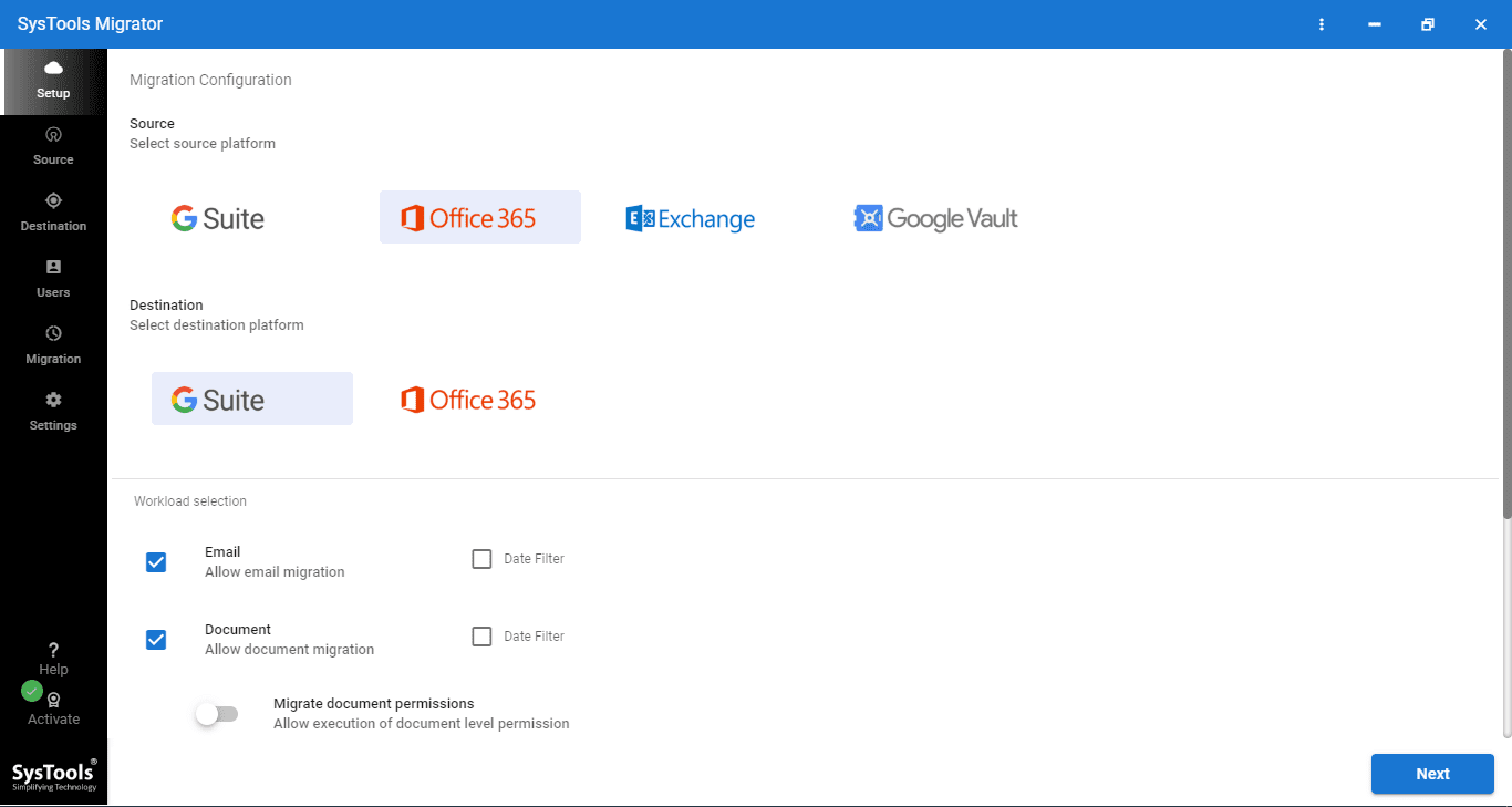 select source and destination