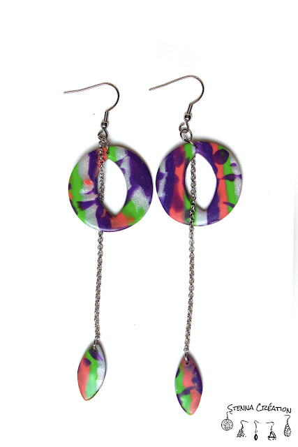 Boucles d'oreilles pâte polymère rayures violet vert corail argent Cernit Fimo Stenna Création