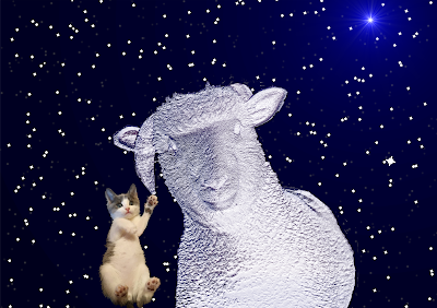 Metallic sheep + kitten out in space
