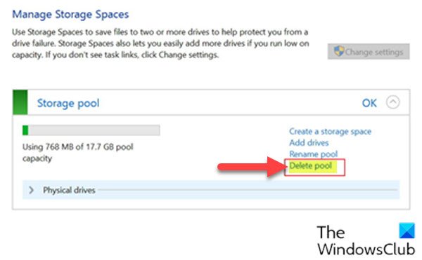 ลบ Storage Pool สำหรับพื้นที่เก็บข้อมูลผ่านแอพการตั้งค่า