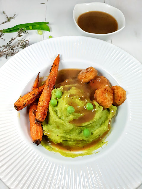 purée de petits pois frais, carottes confites et sauce gourmande (végétarien, sans lactose, allégé)