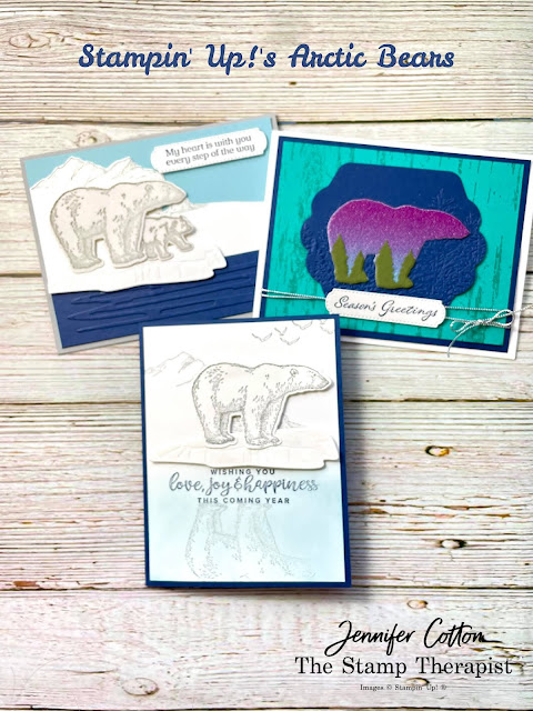 Stampin' Up! Arctic Bears.  Learn how to do the reflection techique.  Wink of Stella, Snowy White Velvet, Rainbow Glimmer Paper, Evergreen Border Punch, Birch Background Stamp.  #StampinUp #StampTherapist #ArcticBears