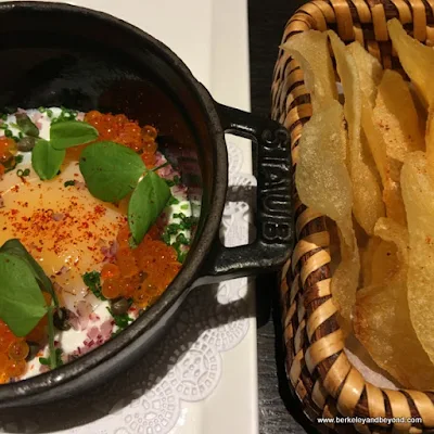 “Chips and Eggs”--ultra thin, delicate Kennebec chips, with Greek yoghurt aioli and two kinds of smoked trout roe  at Campton Place Restaurant in San Francisco, California
