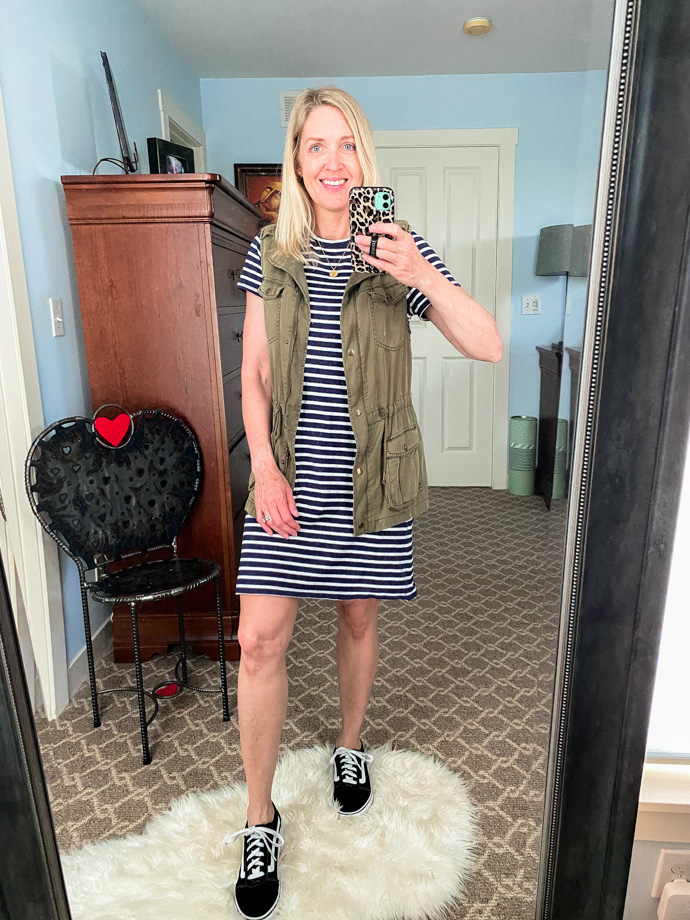 striped t-shirt dress + utility vest + van's sneakers