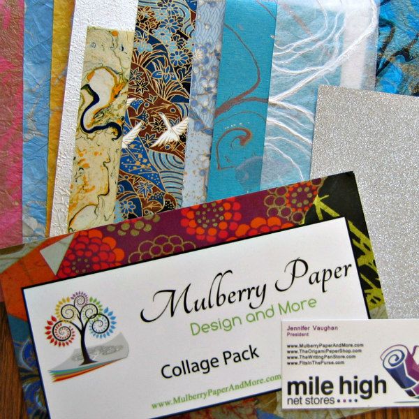 collage pack of decorative patterned papers with store business card