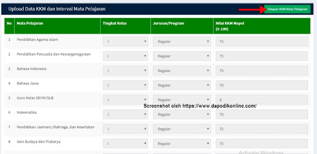 Klik Simpan KKM Mata Pelajaran