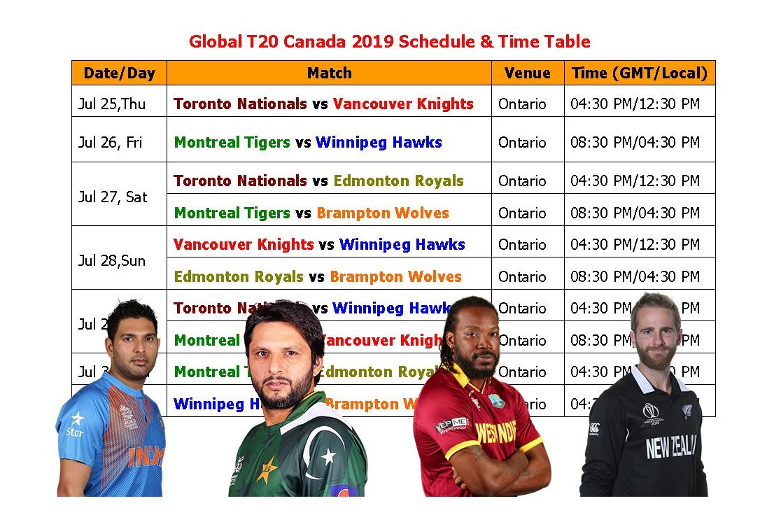 Learn New Things Global T20 Canada 2019 Schedule & Time Table