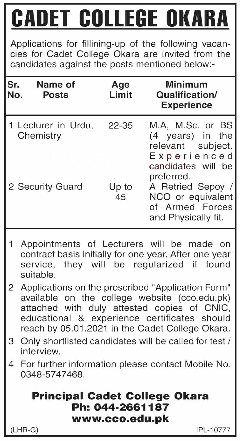 Govt Jobs In Pakistan Army Cadet College Okara Teaching Jobs In Dawn Newspaper 2021