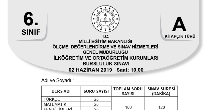 2018 2019 6 Sinif Bursluluk Sinav Sorulari Test Matematik