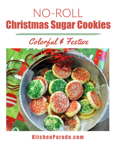 No-Roll Christmas Sugar Cookies ♥ KitchenParade.com, quick and easy, chewy and buttery, colorful and festive. Tastes just like the very best sugar cookies, without the fuss and mess of rolling.