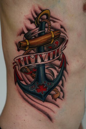Great Colorful Anchor Tattoo On Ribs ~ Anchor Tattoo Ideas #11