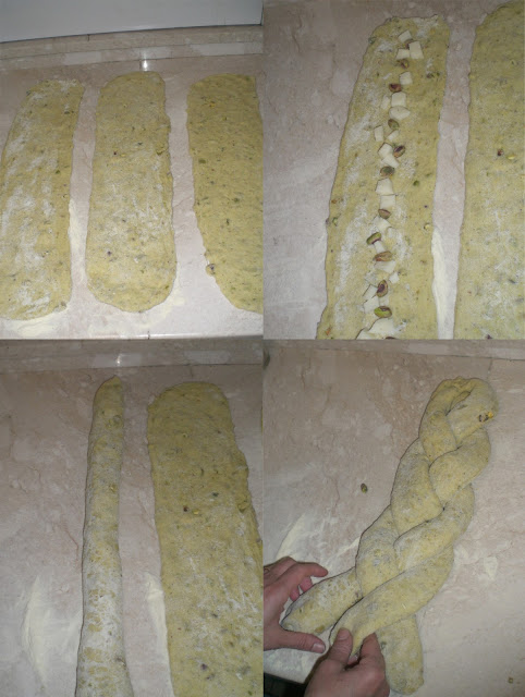 le fasi della preparazione della treccia di pane ai pistacchi